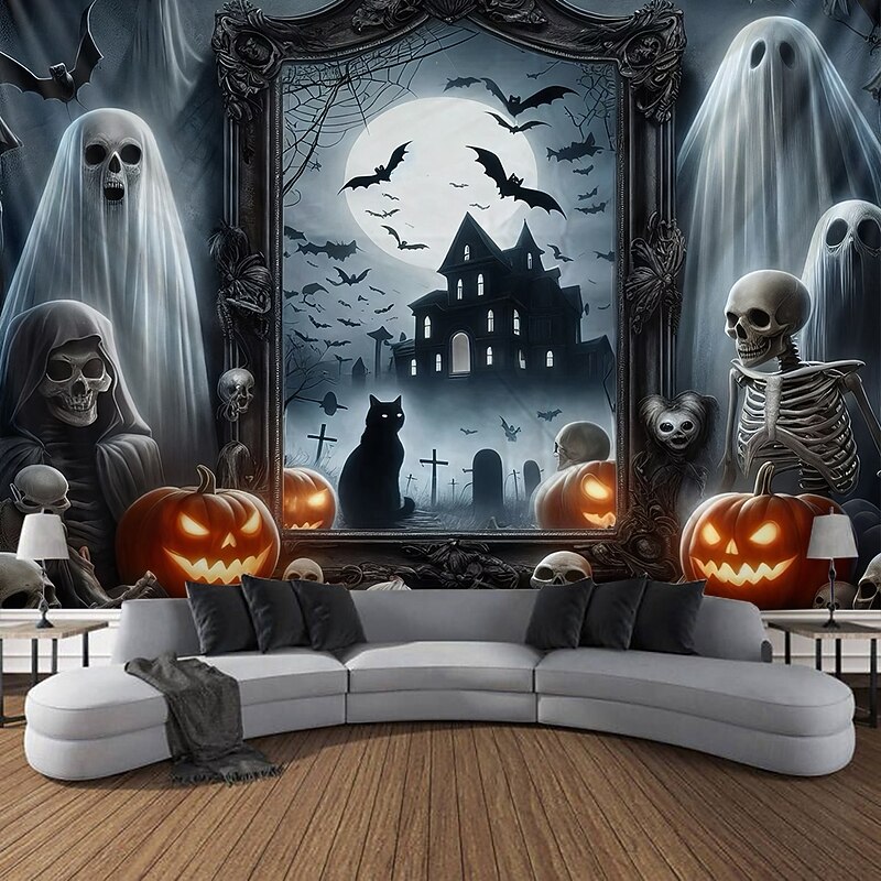 Halloween Tapestry Banners Wall Hangings Grim Reaper Pumpkin Ghost Dark Punk Gothic Style Party Dorm Shooting Backgrounds Home Decor - Main Image