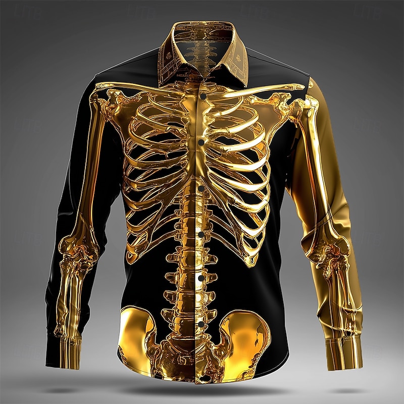 Halloween Men's Metal Finish Skeleton Halloween Costumes Shirt Button Up Shirt Long Sleeve Dark Punk Gothic Style Outdoor Holiday Summer Spring Turndown 3D Print Collared Shirts Black Grey Gold