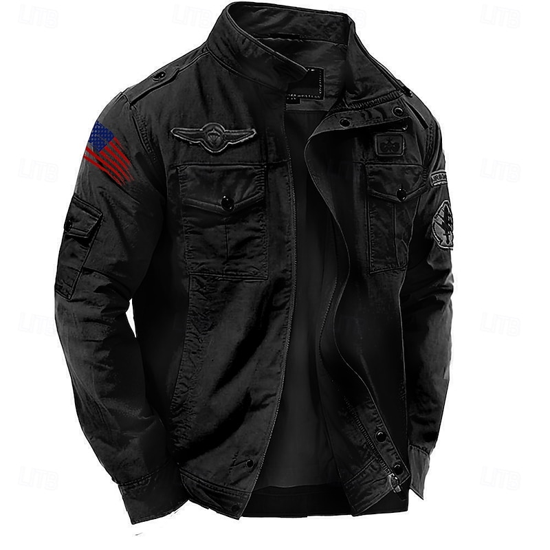 Men's Cotton Embroidered Military Jacket Windbreaker with Shoulder Straps Long Sleeve Standing Collar Multi-Pockets Trucker Jacket American US Flag Print Tactical Outerwear3
