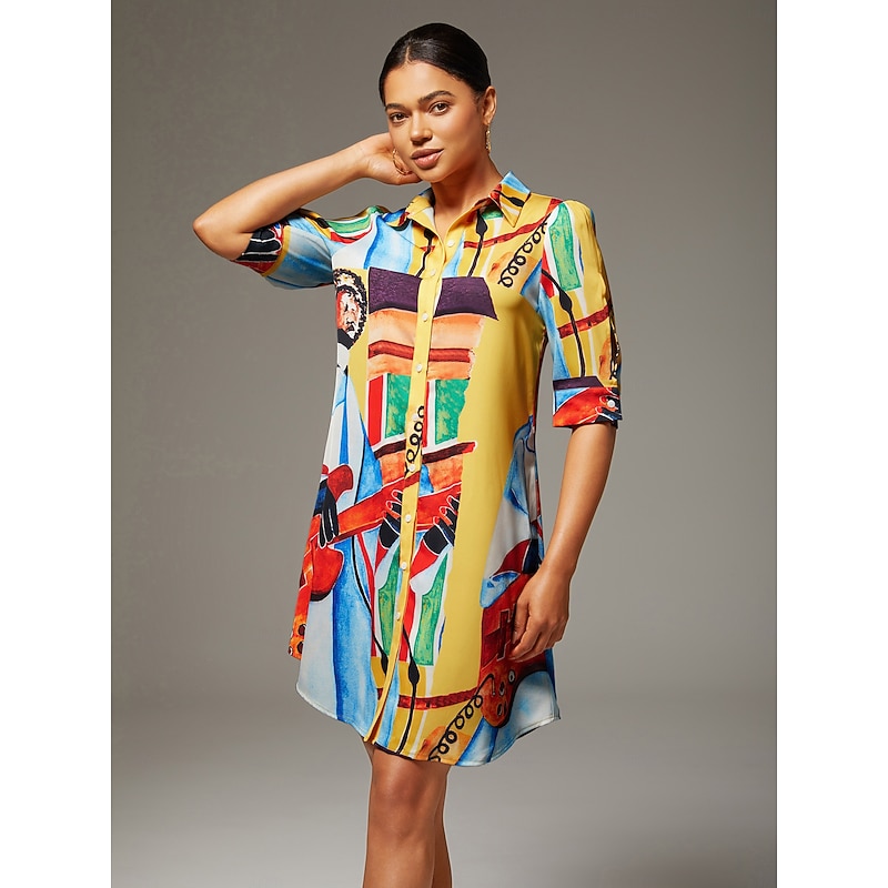Women's Mini Shirt Dress Satin Artistic Still Life Print Collared Button Down Straight Fit Casual Fashion Daily Wear