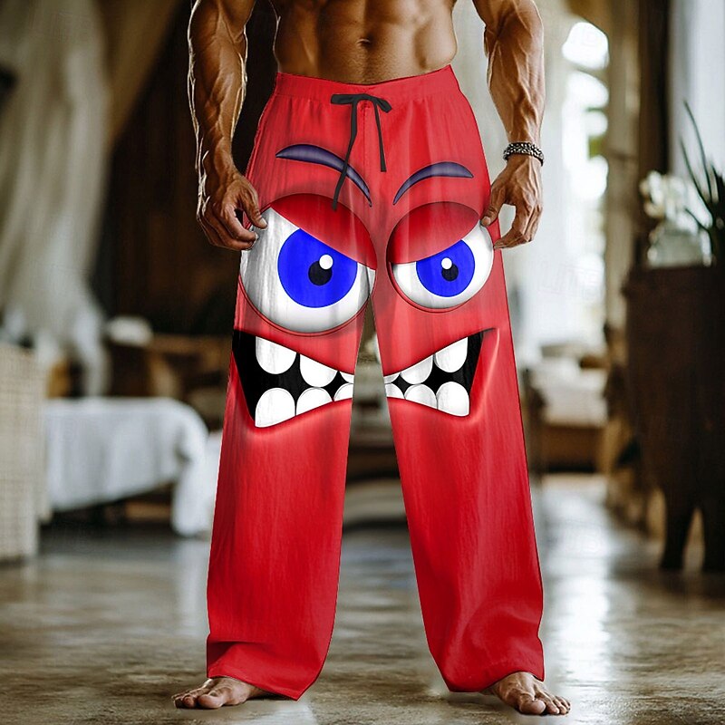 Men's 3D Cartoon Smile Face Trousers Baggy Pants Casual Pants Mid Waist Funny Outdoor Vacation Home Elastic Drawstring Waist Linen-Like Pants with Pockets Spring Fall 3D Print Red Blue Orange4