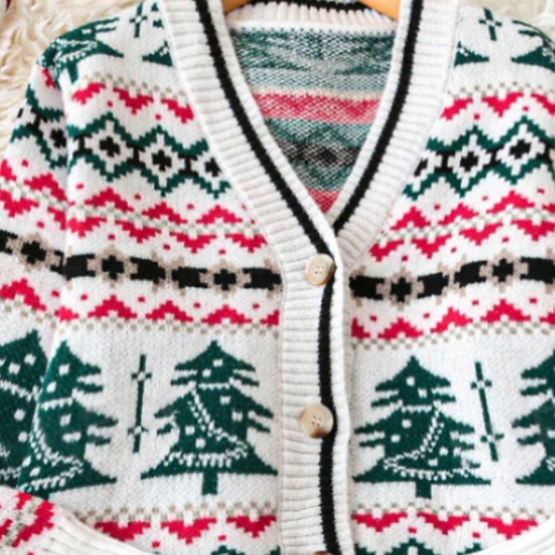 Women's Cardigan Casual Tree Ribbed V Neck Buttons Knitted Print Long Sleeve Regular Tops Knit Christmas Daily Going out White Winter2