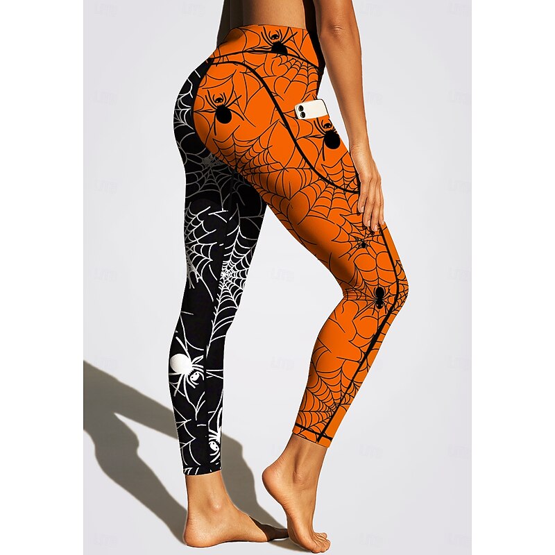 Women's Unisex pilates leggings fitness pants Gym Leggings Pockets Stamp Duty Side Pockets Pilates Gym Gym Workout Pants Tights Leggings Graphic Halloween Black Orange Sports Activewear Stretchy Slim4