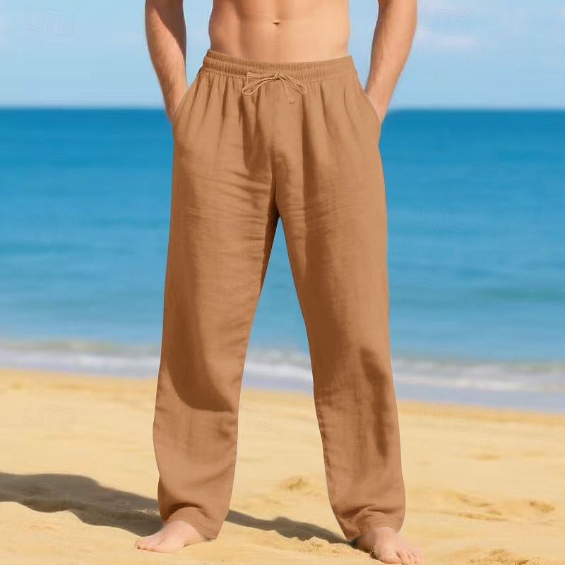 Men's Linen Pants Trousers Summer Pants Beach Pants Drawstring Elastic Waist Straight Leg Plain Comfort Breathable Full Length Casual Daily Holiday Vacation Fashion Black White
