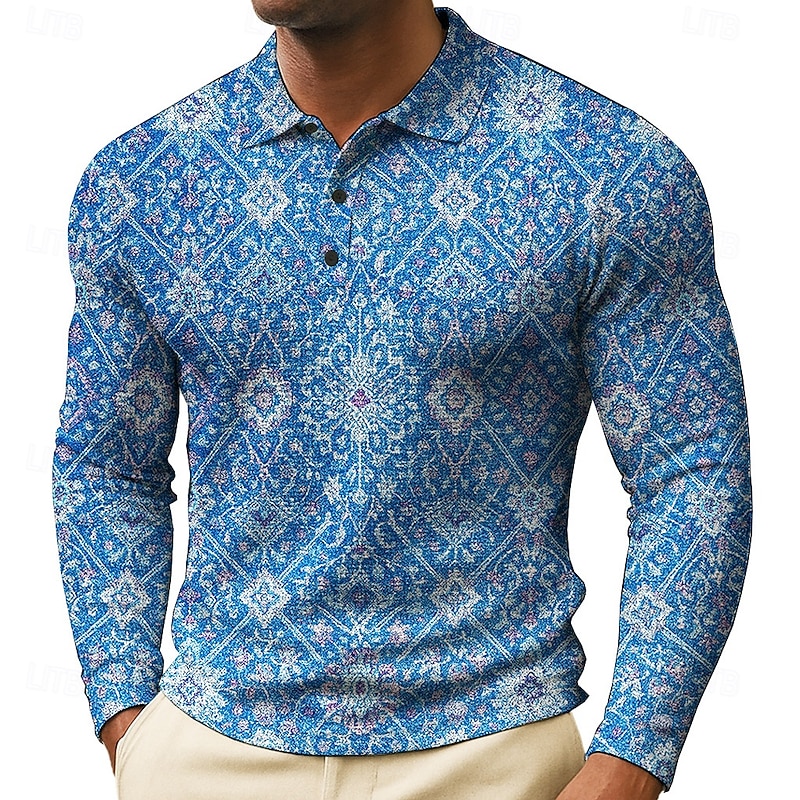 Men's Graphic Waffle Polo Shirts Long Sleeve Polo Shirts Collared Shirts Casual Daily Wear Buttons Spring Fall Winter Blue Brown Green