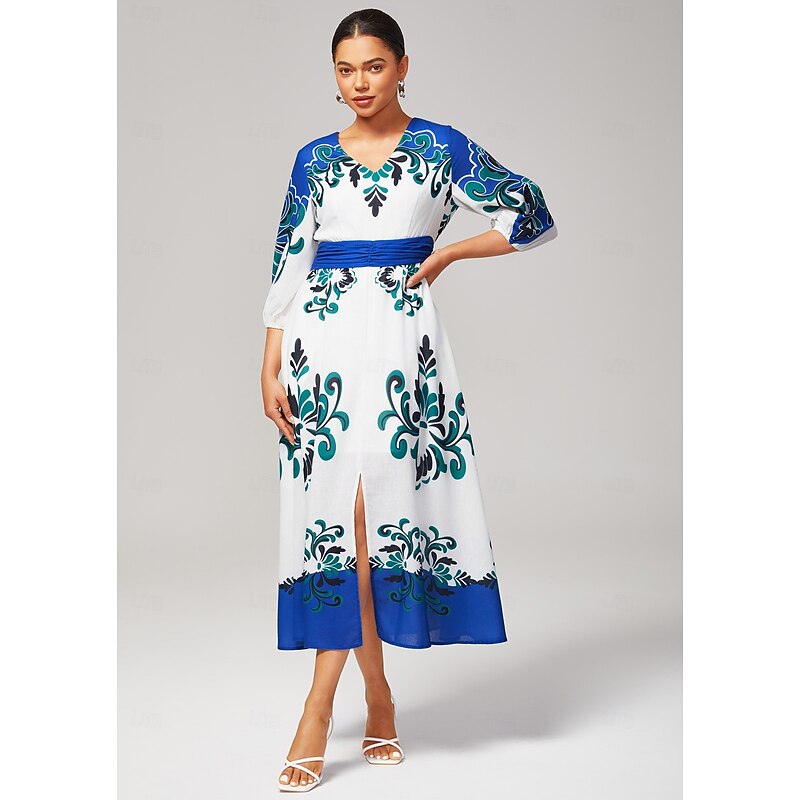 Women's Bold Multicolor Print Faux Cotton Linen Teal Tea Dress Elegant Stylish Friend Gatherings Afternoon Tea Fall4