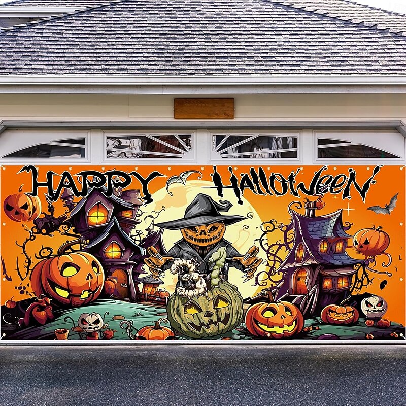 Halloween Garage Door Cover Large Hanging Backdrop Pumpkin Scarecrow Dark Punk Gothic Style Party Outdoor Shooting Backgrounds Yard Haunted House Home Decor4