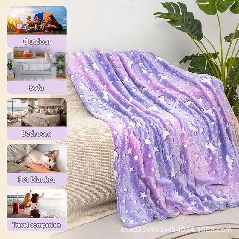 Flannel Glow-in-the-Dark Blanket, Unicorn Baby Throw Blanket, All-Season Air Conditioning Blanket, Soft Plush Nap Blanket for Office or Home