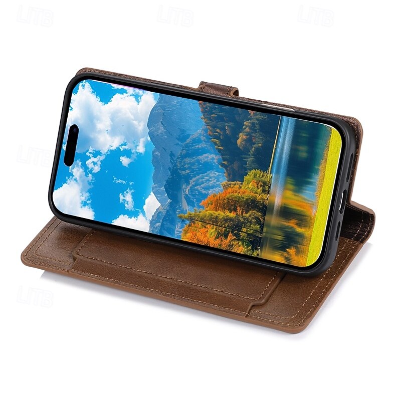 Phone Case For iPhone 17 Air 16 15 14 Pro Max Plus 16e 13 Pro Max Mini Back Cover Magnetic Kickstand Card Slot Retro TPU PU Leather4