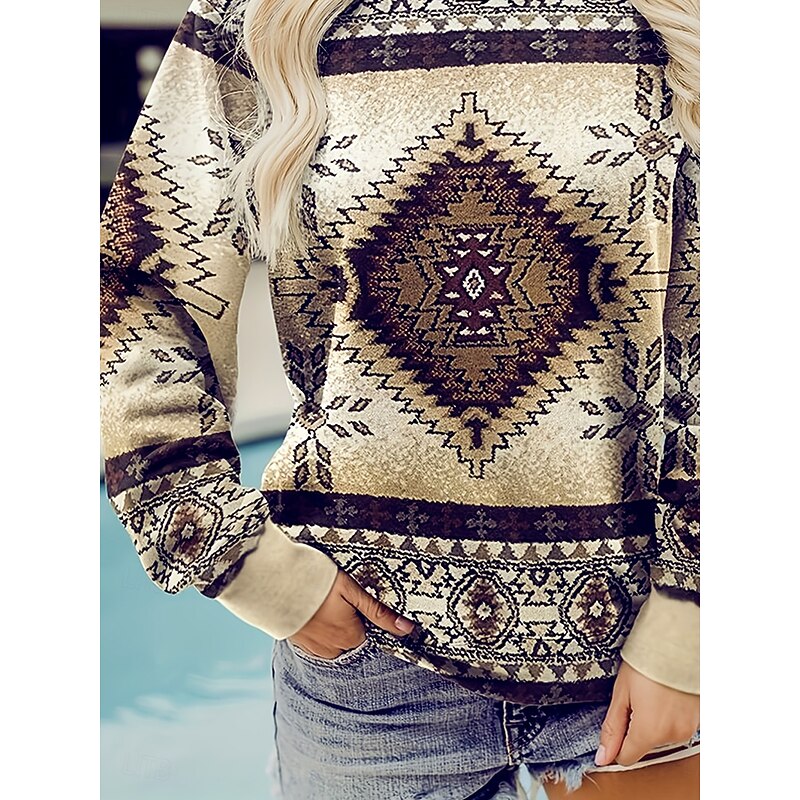 Women's Pullover Sweatshirt Graphic Geometric Tribal Warm Active Vintage Long Sleeve Crew Neck Regular Tops Street Dailywear Casual Patchwork Print Brown Spring Fall Winter3