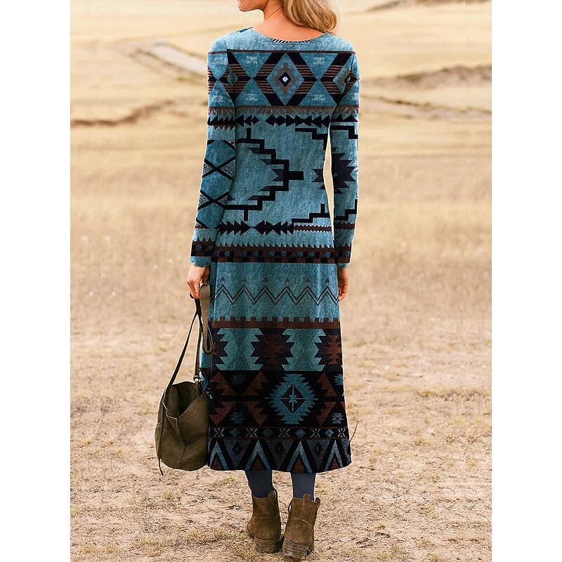 Women's Midi Dress Sheath Dress T Shirt Dress Tee Dress Vacation Casual Boho Daily Holiday Date Regular Fit Graphic Long Sleeve Crew Neck Blue Fall2