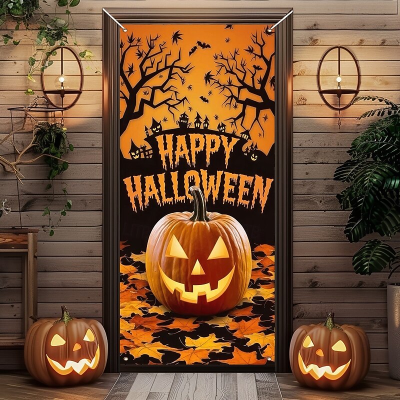 Halloween Door Cover Outdoor Banners Pumpkin Psychedelic Dark Punk Gothic Style Party Outdoor Shooting Backgrounds Front Door Wall Porch Home Decor3