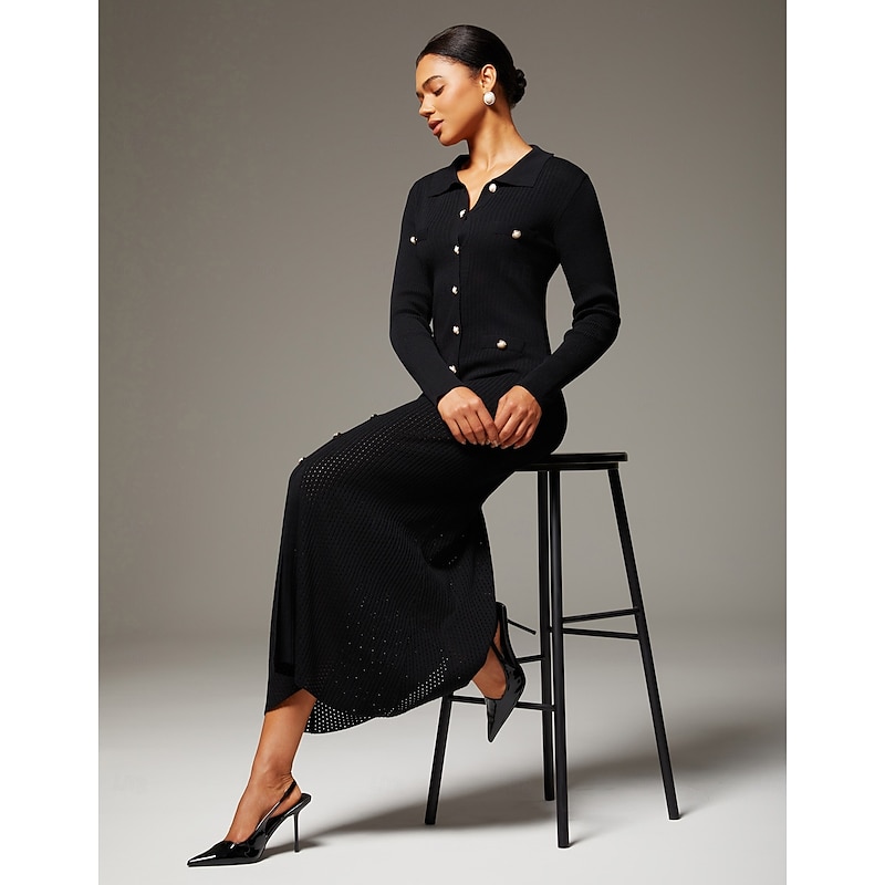 Women's Elegant Black Knit Maxi Dress - Main Image