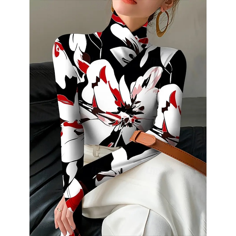 Women's T Shirt Floral Graphic Elegant Vintage Stylish Long Sleeve Turtleneck High Neck Asymmetric Neck Regular Tops Daily Print Tiered Red Green Spring Fall Winter