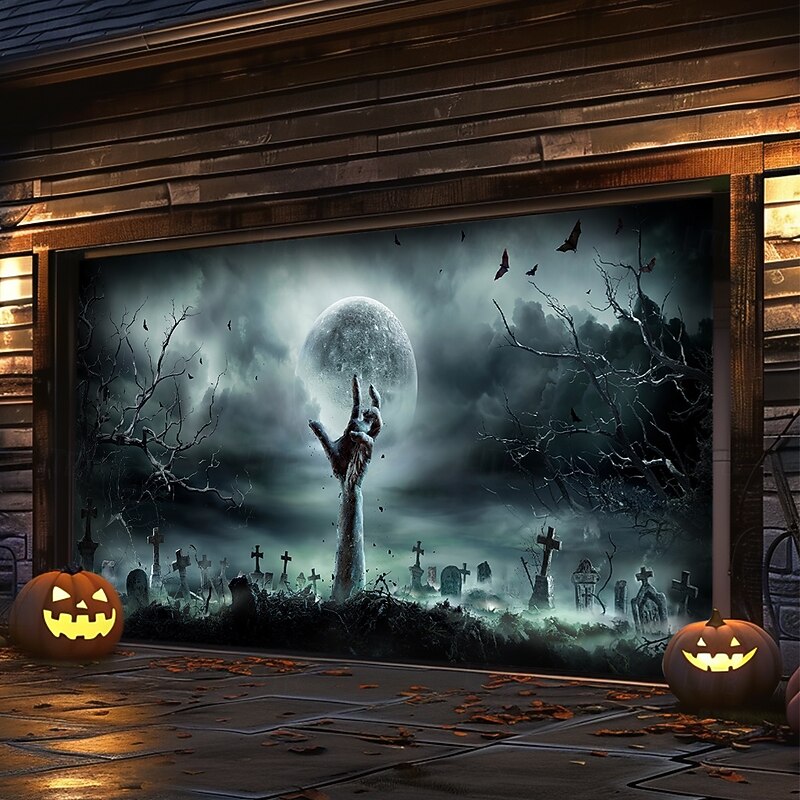 Halloween Garage Door Cover Large Hanging Backdrop Zombies 3D Dark Punk Gothic Style Party Outdoor Shooting Backgrounds Front Door Home Decor3