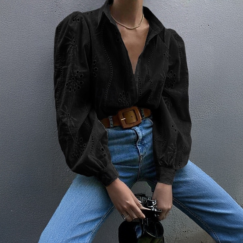 Women's Shirt Blouse Plain Modern Casual Long Sleeve Shirt Collar Regular Tops Daily Holiday Going out Black White Dusty Blue Green Fall4