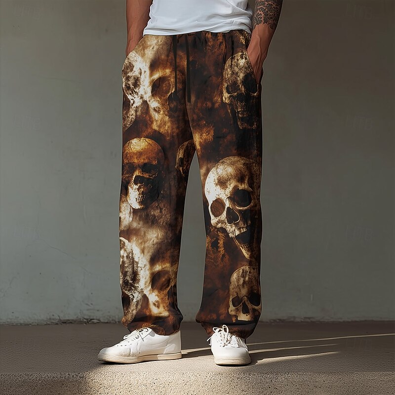 Halloween Men's Halloween Costumes Skulls Trousers Baggy Pants Casual Pants Mid Waist Dark Gothic Style Holiday Elastic Drawstring Waist Linen-Like Pants with Pockets Spring Fall 3D Print Black Brown