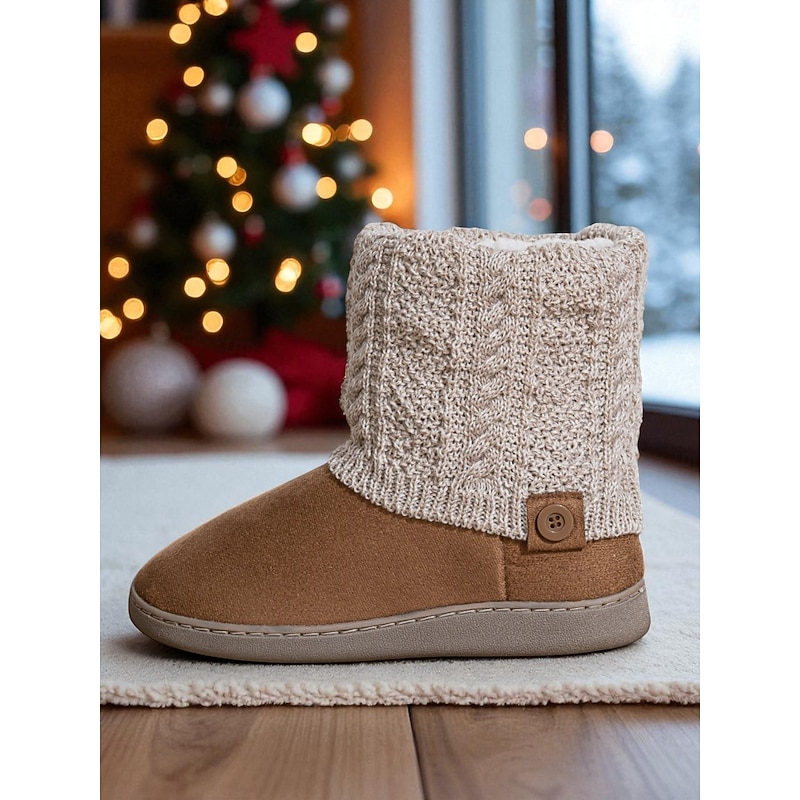 Women's Brown Faux Suede Winter Ankle Boots – Knit Cuff Button Detail, Plush Lining, Cozy Indoor & Outdoor Casual Footwear3