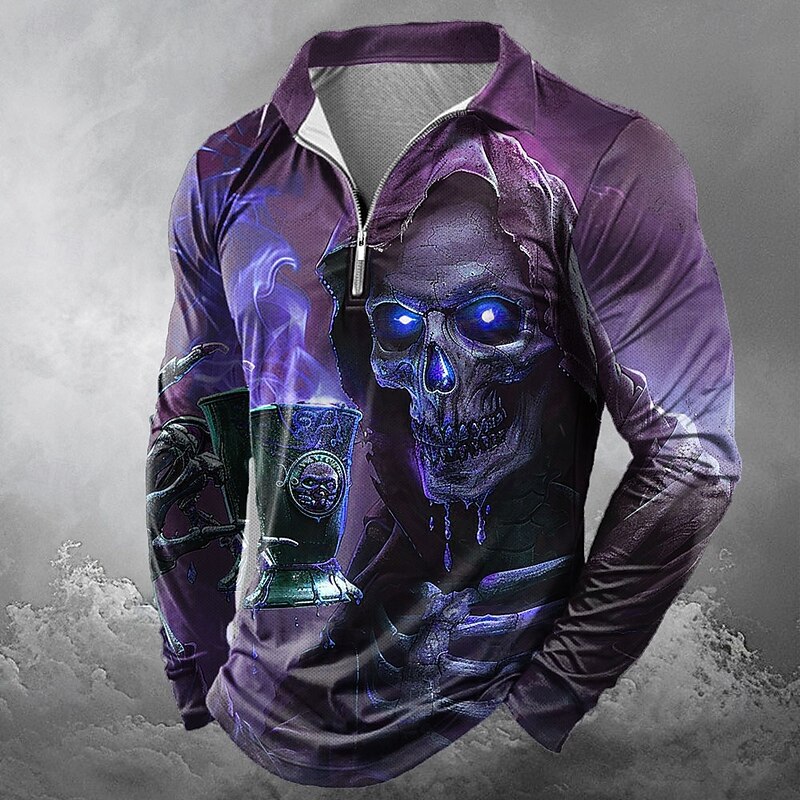 Day of the Dead Men's Skull Skulls Zip Polo Shirts Long Sleeve Polo Shirts Lapel Casual Horror Dark Outdoor Festival Outfit 3D Print Spring Fall Winter Red Blue Purple4