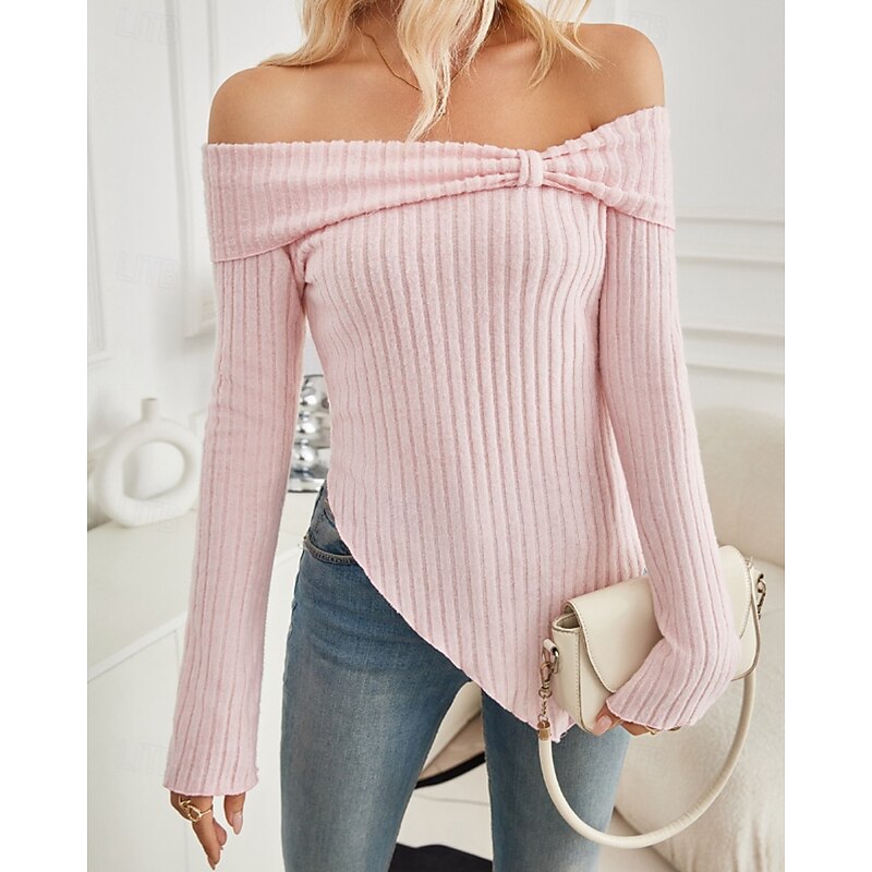 Women's Blouse Plain Stylish Modern Long Sleeve Off Shoulder Regular Tops Holiday Going out Bow Backless Black White Pink Apricot Light Blue Fall3