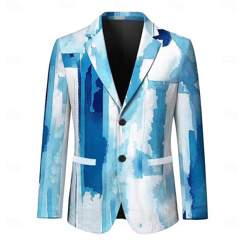 Men's Blazer Jacket Formal Casual Stylish Casual Daily All Seasons 100% Polyester Weaving Color Block 3D Print Buttons Comfortable Single Breasted Blazer Blue Green Grey