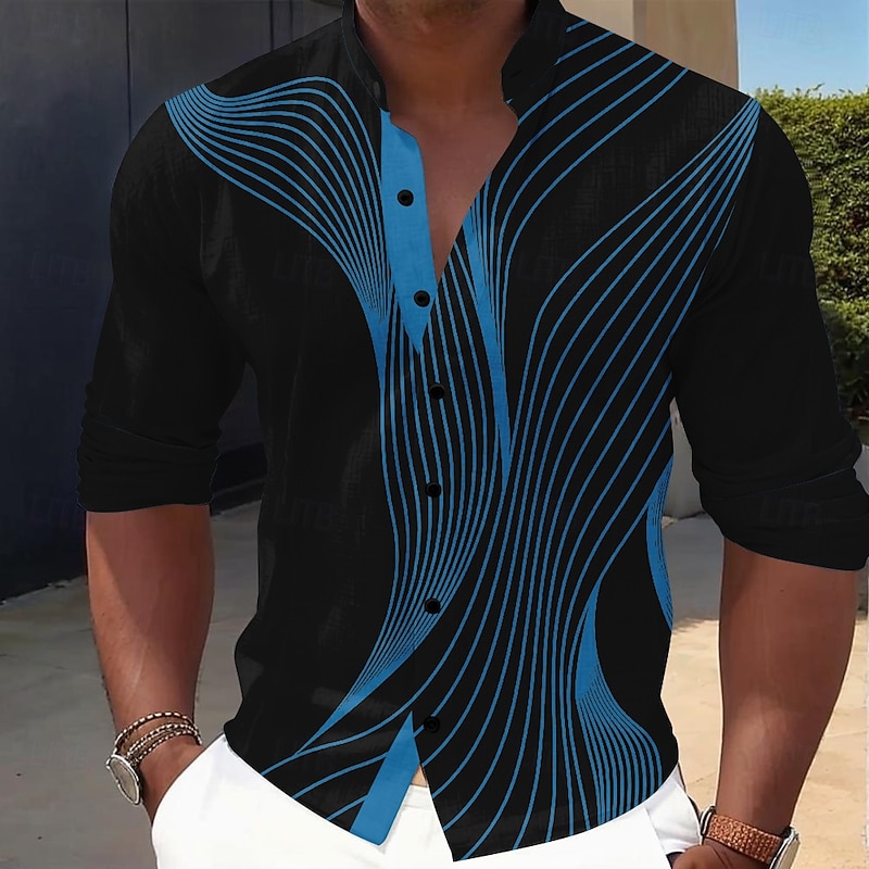Men's Geometric Gradient Line Shirt Button Up Shirt Stand Collar Shirt Long Sleeve Casual Outdoor Vacation Daily Spring Fall Mandarin Collar Band Collar 3D Print Linen Like Shirt Blue Black-Red3