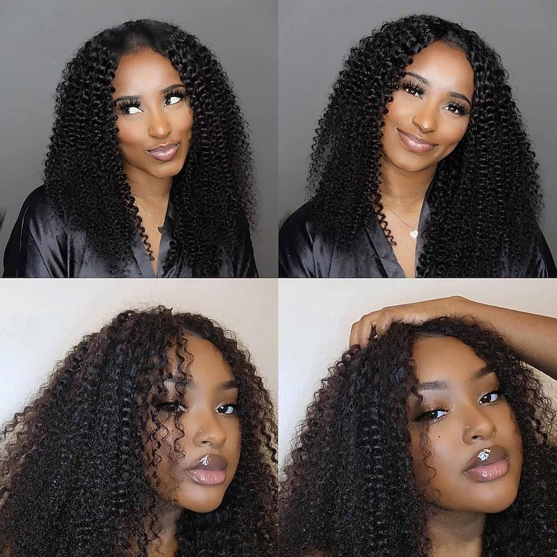 Curly V Part Wig Human Hair Upgrade U Part Wig Human Hair Wigs for Women Glueless V Shape Wig Afro Curly Wigs No Leave Out 180% Density Natural Color4