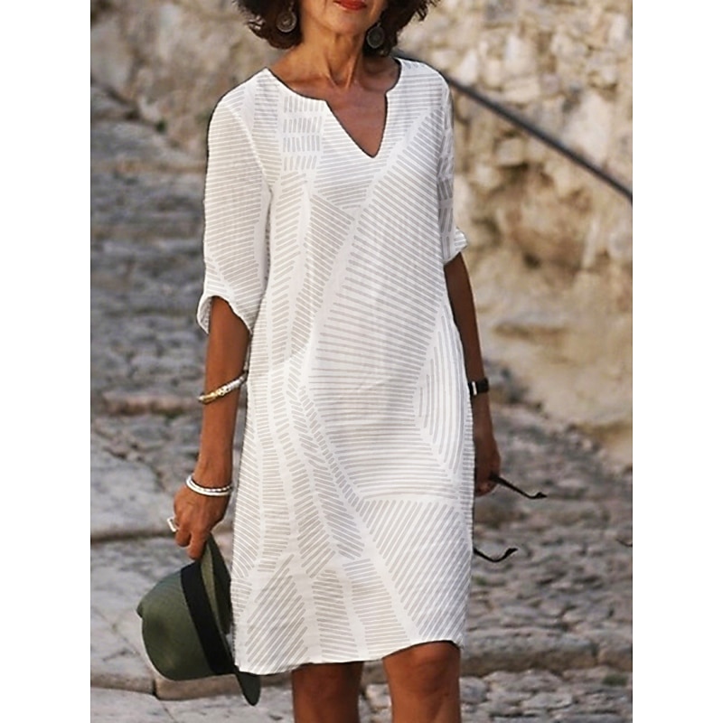 Women's Mini Dress Casual Dress Print Dress Fashion Modern Daily Beach Weekend Regular Fit Line 3/4 Length Sleeve Split Neck White Summer Spring Fall Autumn