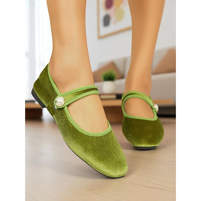 Women's Green Velvet Mary Jane Flats with Pearl Buckle – Vintage - Inspired Square - Toe Shoes for Casual Daily Wear & Light Retro Outings3