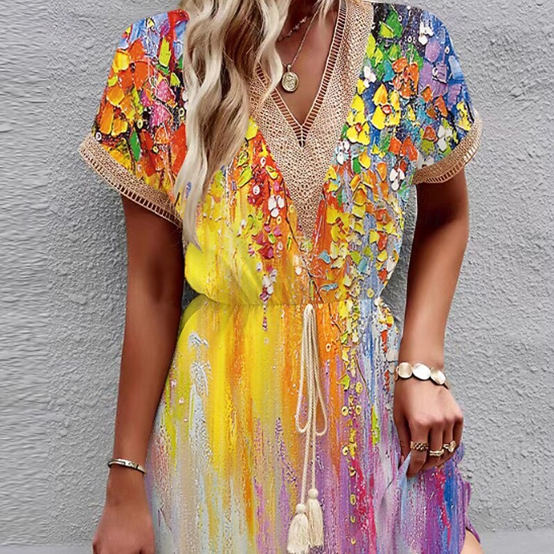 Women's Mini Dress Floral Dress Print Dress Classic Modern Vacation Holiday Going out Regular Fit Flower Short Sleeve V Neck Yellow Blue Summer2