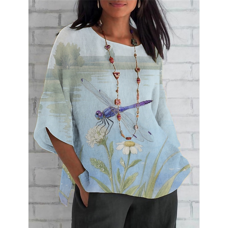 Women's Shirt Floral Dragonfly Daily Casual 3/4 Length Sleeve Crew Neck Regular Tops Daily Holiday Print Green Summer Spring Fall