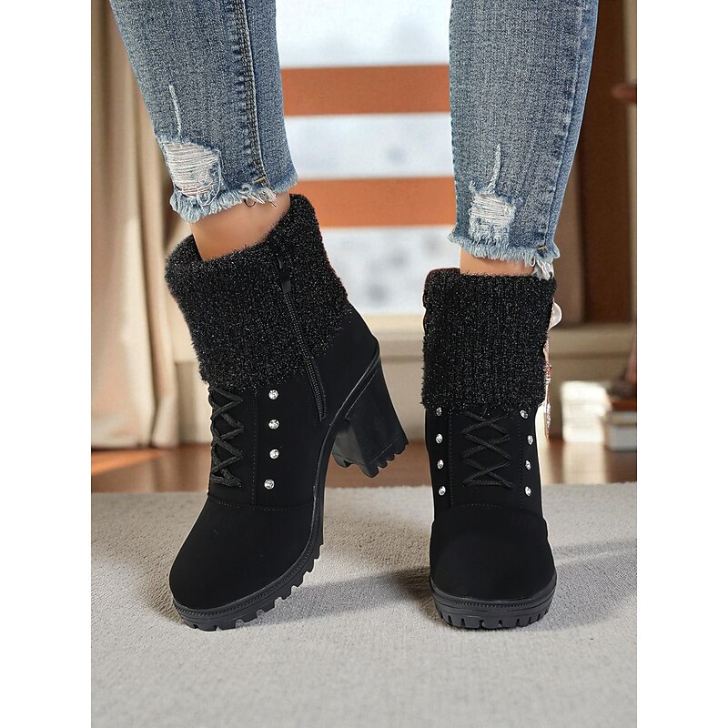 Women's Black Knit Cuff Ankle Boots with Rhinestone Lace-Up Design and Block Heels - Elegant Winter Heeled Booties for Christmas Outfits and Cold Weather Fashion4
