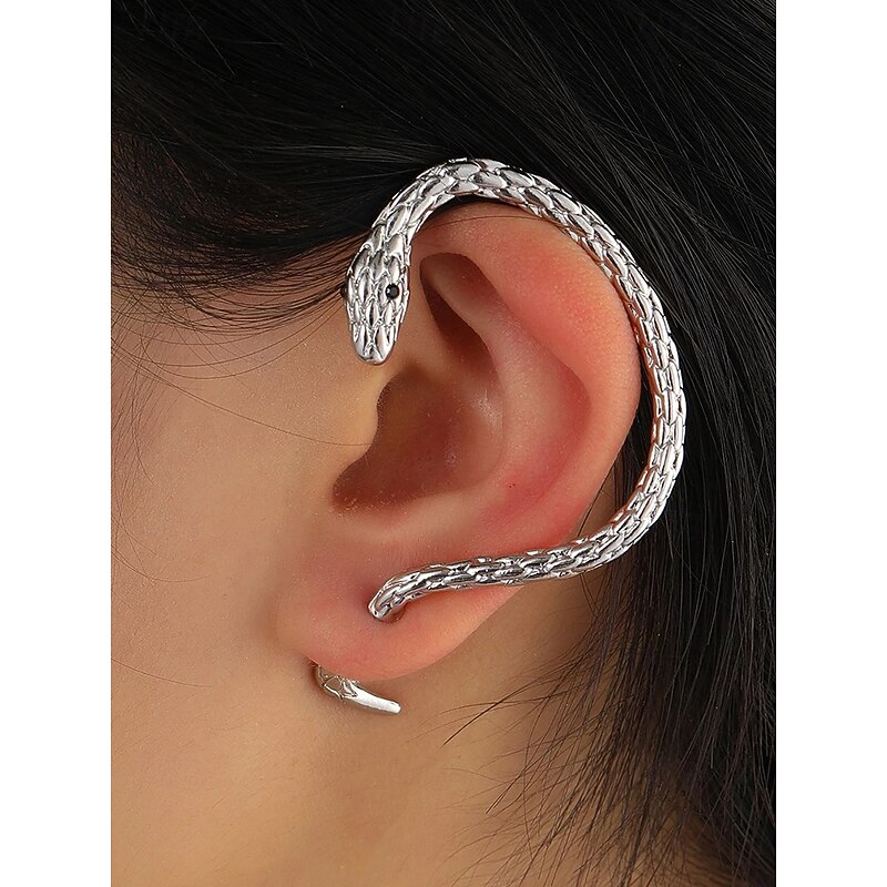Women's Halloween Snake Earrings – Gothic Serpent Ear Cuff Wrap with Green Crystal Eyes, Punk Style Jewelry for Costume Party and Cosplay2
