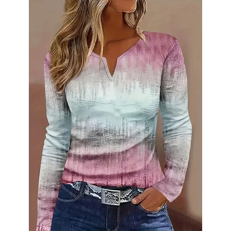 Women's T Shirt Graphic Gradient Abstract Vintage Stylish Classic Long Sleeve V Neck Notched Neck Regular Tops Daily Weekend Print Pink Red Blue Spring Fall Winter2
