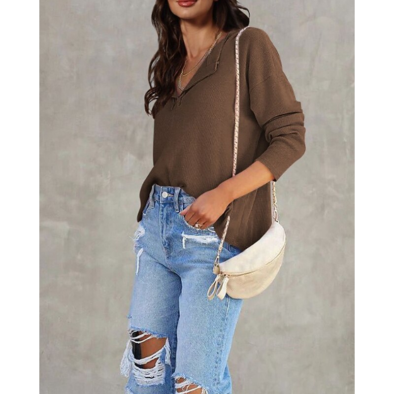 Women's Texture Sweatshirt Blouse Plain Modern Casual Long Sleeve V Neck Regular Tops Daily Going out Black White Pink Brown Green Fall2