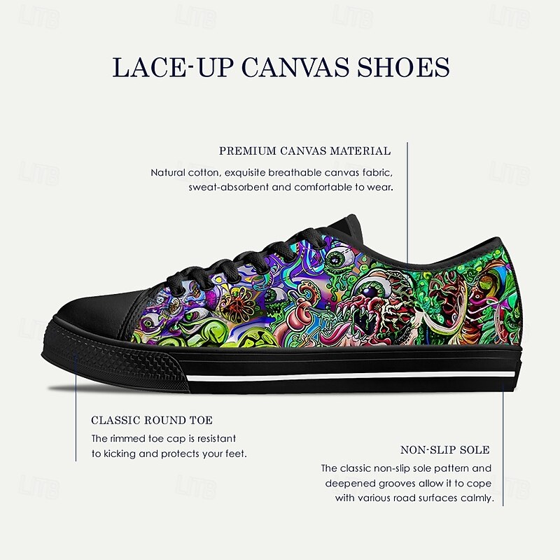 Men's Low Top Canvas Sneakers – Colorful Abstract Graffiti Print, Lace-Up Casual Skate Shoes, Stylish Streetwear & Everyday Footwear4