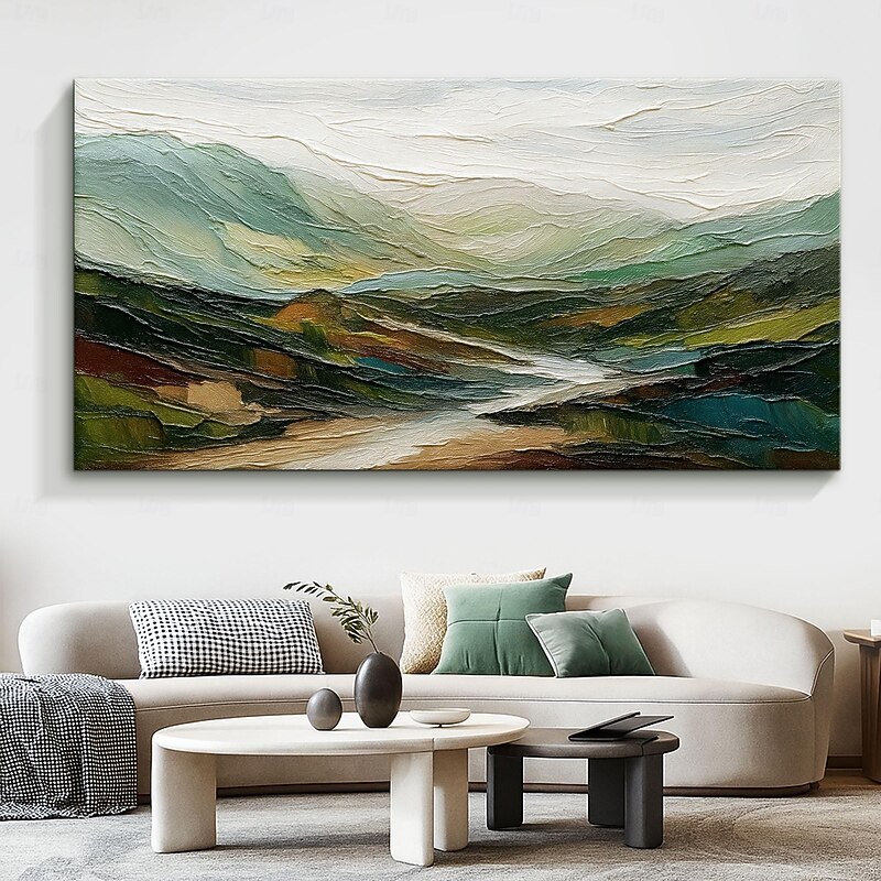 Original Mountain Oil Painting on Canvas 3d Impasto Green Art Minimalist Landscape Painting Abstract Texture Green Wall Art Large Wall Decor3