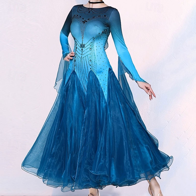 Ballroom Dance Dress Crystals / Rhinestones Women's Performance Party Long Sleeve Mesh4