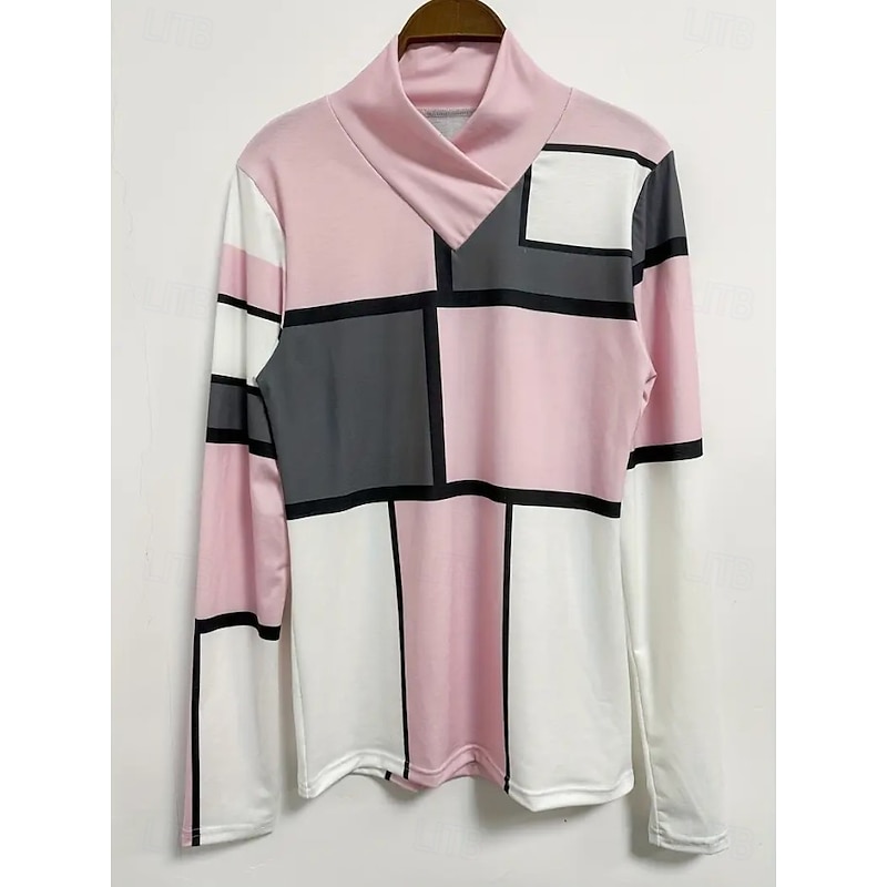 Women's T Shirt Graphic Geometric Color Block Elegant Vintage Stylish Long Sleeve High Neck Asymmetric Neck Regular Tops Daily Print Tiered Black Pink Green Spring Fall Winter2