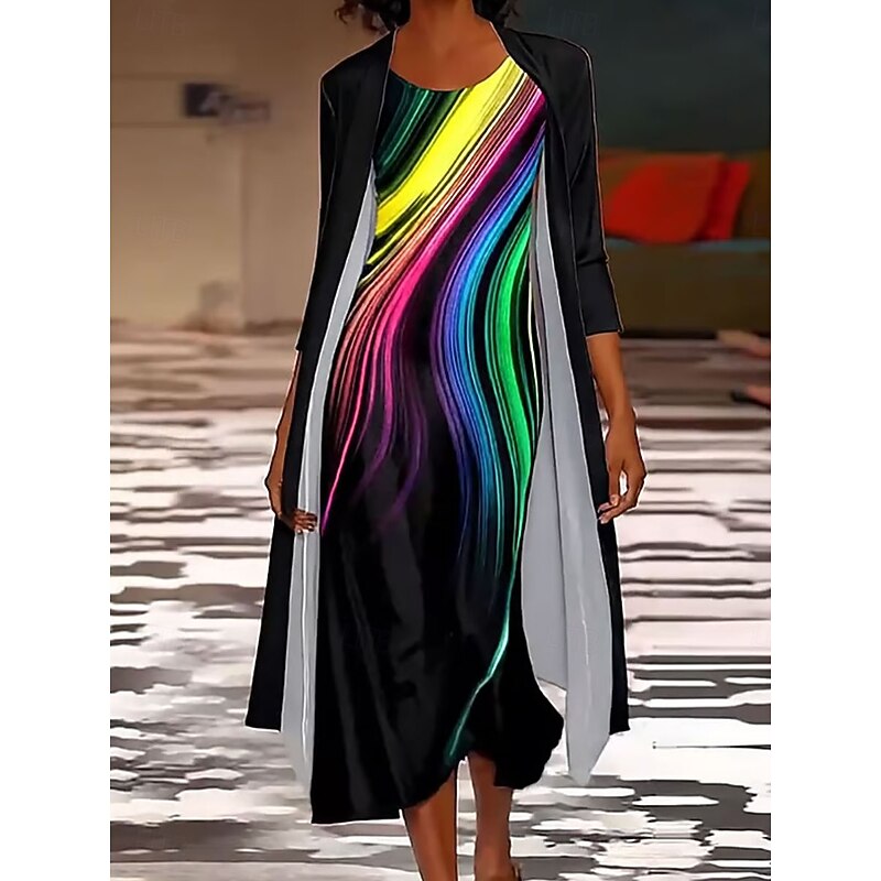 Women's Dress Set Shift Dress Summer Dress Casual Ombre Graphic Layered Print Midi Dress 3/4 Length Sleeve Crew Neck Daily Black White Green Spring Fall Regular Fit4