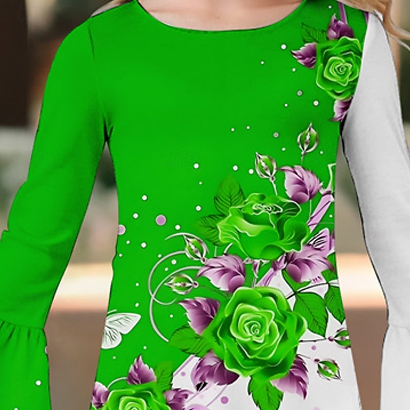 Girls' 3D Rose Dress Ruffle Dress Long Sleeve Summer Spring Vacation Daily Holiday Beautiful Sweet Kids 4-12 Years Casual Dress Knee-length Regular Fit3