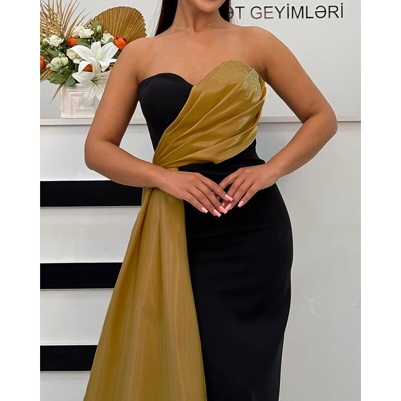 Black and Gold Mermaid / Trumpet Evening Gown Elegant Dress Formal Wedding Floor Length Sleeveless Sweetheart Glossy Satin  20252