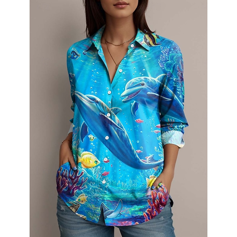 Dakota Daetwiler by Women's Shirt Graphic Hawaiian Basic Long Sleeve Shirt Collar Regular Tops Work Daily Holiday Buttons Print Blue Summer Spring Fall