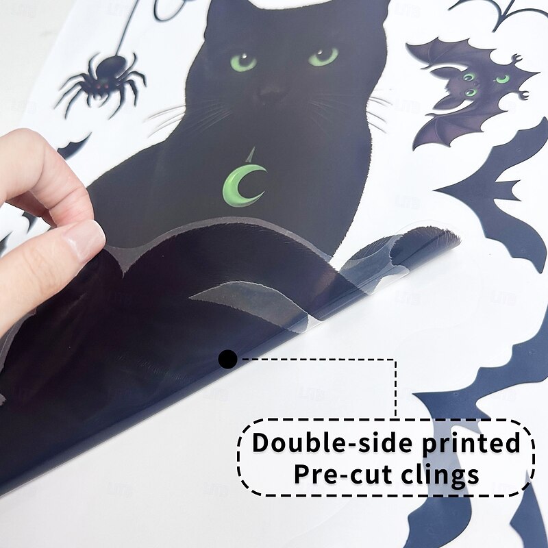 4 Sheets Halloween Window Cling Wall Sticker Decals Decorations, Spider Webs, Bats & Black Cats, Static Cling, Halloween Storefront & Home Decor2