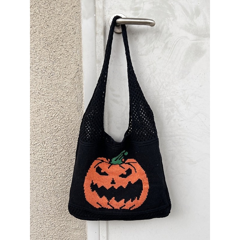 Women's Halloween Pumpkin Knit Tote Bag, Black Shoulder Handbag, Casual Trick-or-Treat Shopper for Festivals, Parties and Daily Use