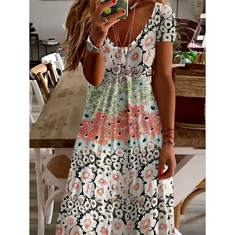 Women's Floor length Casual Dress A Line Dress Summer Dress Elegant Bohemia Vacation Regular Fit Ombre Floral Graphic Short Sleeve U Neck Light Green Summer Spring Fall2