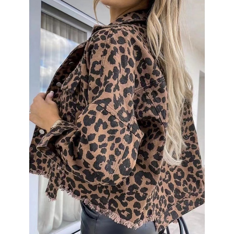 Women's Casual Jacket Comfortable Breathable Buttons Print Casual Leopard Vacation Street Casual Daily Wear Single Breasted Short Stand Collar Regular Fit Long Sleeve Outerwear Leopard Summer Spring2