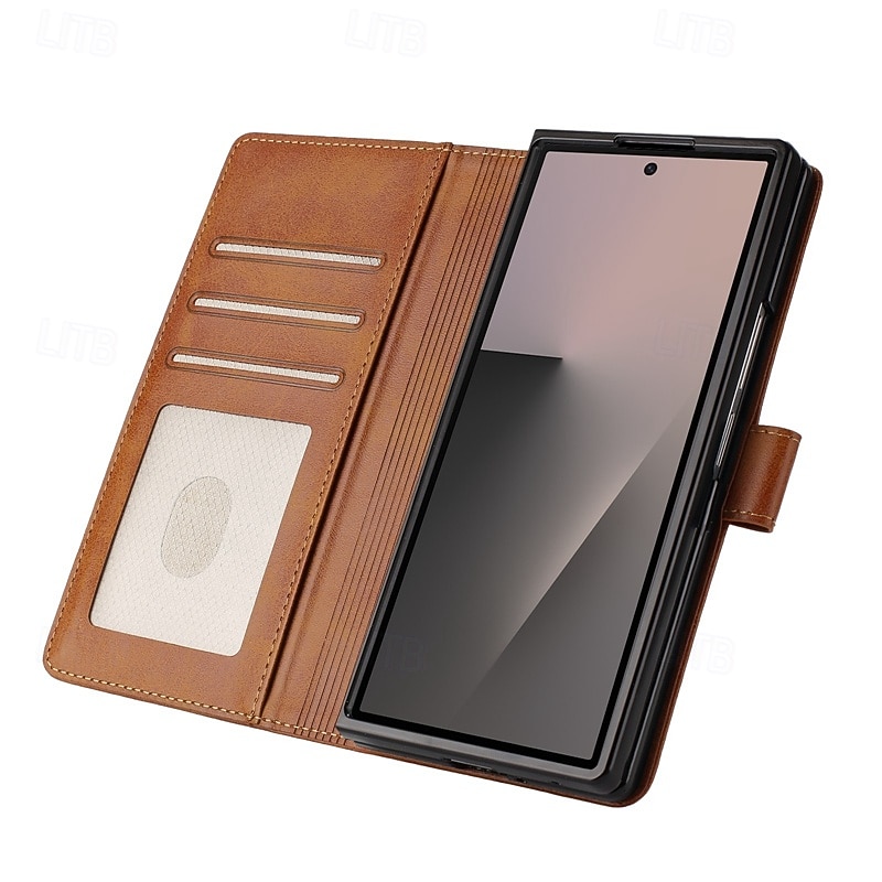 Phone Case For Samsung Galaxy Z Fold 7 Back Cover Kickstand Card Slot Shockproof Retro TPU PU Leather4