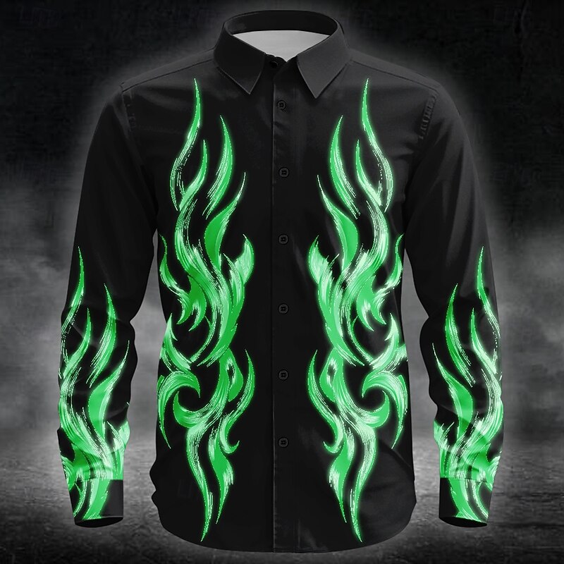 Halloween Men's Flame Neon Glow Shirt Button Up Shirt Long Sleeve Dark Punk Gothic Style Outdoor Holiday Summer Spring Turndown 3D Print Collared Shirts Blue Purple Green Rose Red2