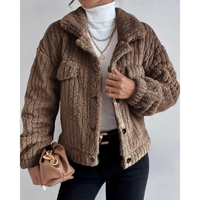 Women's Winter Coat Fleece Jacket Warm Comfortable Pocket Buttons Fashion Plain Going out Weekend Single Breasted Regular Turndown Regular Fit Long Sleeve Outerwear Black Brown Dark Grey Winter2